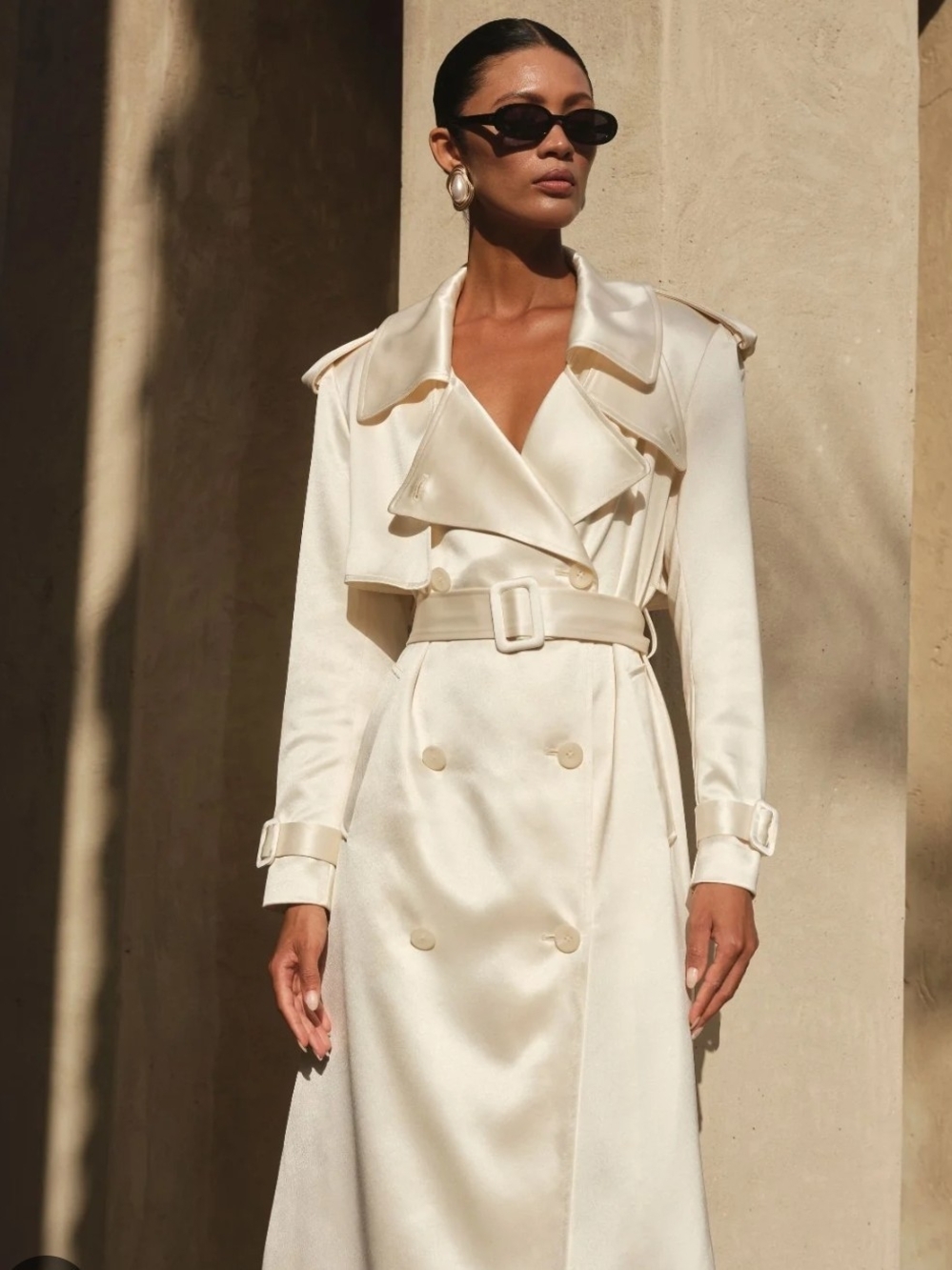 AKIRA Cream Satin Double-Breasted Trench with Belted Waist